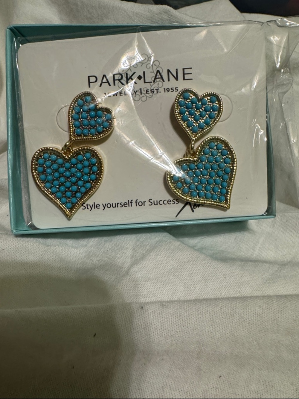 Park Lane Gold and Turquoise Double Heart Drop Earrings